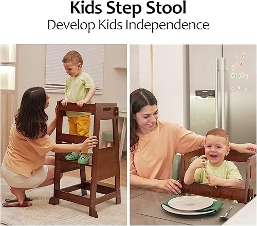 TOETOL Bamboo Toddler Kitchen Step Stool White Helper Standing Tower Height Adjustable with Anti-Slip Protection for Kids Kitchen Counter Learning - Jamouz