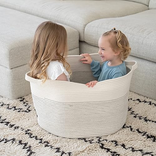 Little Hippo XXXL Large Cotton Rope Basket (22'x14') 100% Natural Cotton! Rope Basket, Woven Storage Basket, Large Basket, Blanket Basket Living Room, Toy Basket, Pillow Basket (White & Brown) - Jamouz