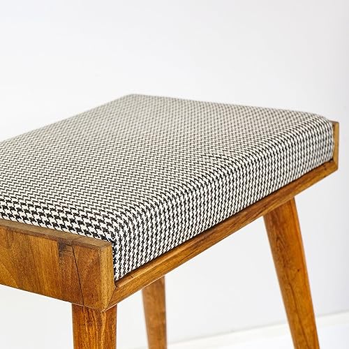 Walnut Ottoman Stool for Living Room | Upholstered in Crowbar Pattern Fabric | Versatile as a Piano Bench | Ideal Bedroom Bench | Functional Footstool Bench - Jamouz