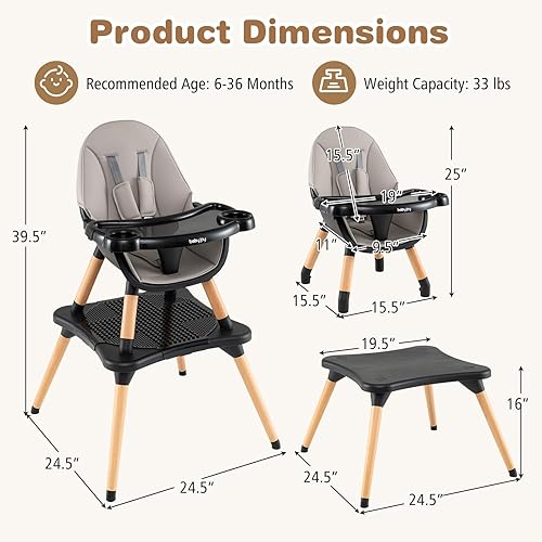 BABY JOY 5 in 1 High Chair, Convertible High Chairs for Babies and Toddlers/Booster Seat/Table and Chair Set, Infant Wooden Highchair w/ 5-Point Harness, 4-Position Removable Tray & PU Cushion, Coffee - Jamouz