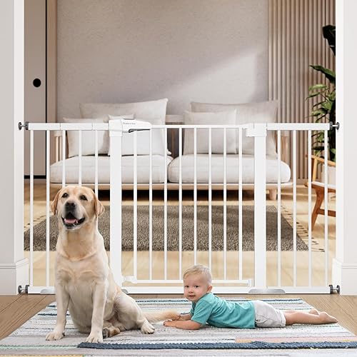 BABELIO 29-55 Inch Extra Wide Baby/Dog Gate, Metal Auto Close, Pressure Mounted Pet Door for Doorways, NO Need Tools and Drilling, with Wall Cups, White - Jamouz