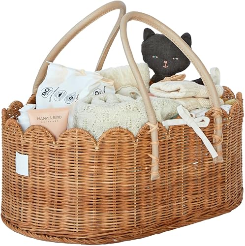 Premium Baby Diaper Caddy Organizer - Handmade & Award-Winning Scalloped Rattan Basket - Luxury Diaper Caddy Basket - Elegant Scalloped Edge (Natural) - Jamouz