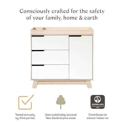 Babyletto Hudson 3-Drawer Changer Dresser with Removable Changing Tray in Washed Natural and White, Greenguard Gold Certified - Jamouz