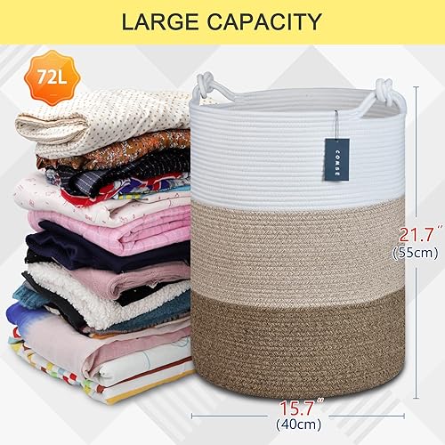 COMSE Extra Large Blanket Basket, High Storage Basket, Tall Rope Laundry Basket, 15.7”x 21.7”, Cotton Rope Basket, XXXL Laundry Basket, Toy Basket, Clothes Baskets,White/Cadet Blue/Navy Blue - Jamouz