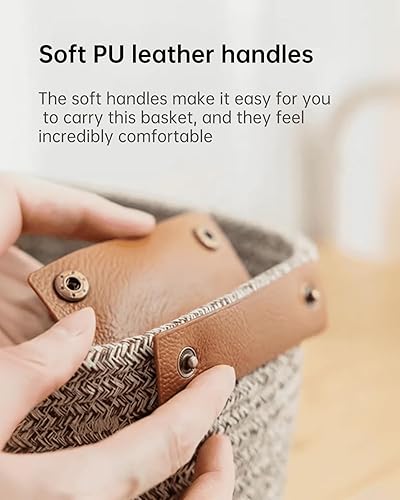 Small Cotton Woven Basket with PU Leather Handle, Baby Kids Clothes Toys Candy Gifts Cotton Rope Organizer, Living Room Basket Bathroom Shower Storage Laundry Basket, Dog Cat Bed, Fall Basket, Coffee - Jamouz