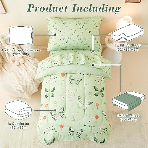 Mooreeke 4 Pieces Toddler Bedding Set - Soft Love Heart Toddler Comforter Sets for Girls, Includes Quilted Comforter, Flat Sheet, Fitted Sheet and Pillowcase, Bed in A Bag for Baby Bedroom - Jamouz