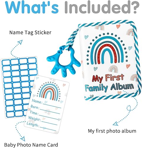My First Family Photo Album for Baby, 4x6' Baby Photo Albums, Soft Toddler Photo Album with Milestone & Large Safety Mirror, Personalized Photo Album Kids Baby Shower Gifts(Blue Hand) - Jamouz