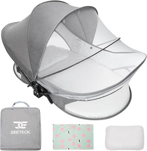 Portable Baby Travel Bassinet: Sturdy & Foldable Baby Bassinets with Storage Bag for Indoor & Outdoor - Baby Bed with 2-1 Mosquito Net & Sunshade Canopy Washable for Infant Newborn Gray - Jamouz