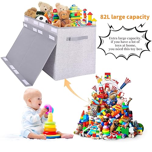 Large Toy Box Chest Storage Organizer with Lid,Collapsible Kids Toys Boxes Basket Bins with Sturdy Handles for Boys and Girls, Nursery, Playroom, Closet 25'x13' x16' (Light Grey) - Jamouz