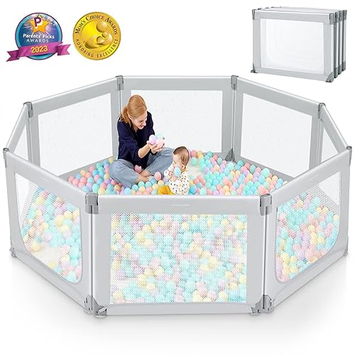 Kidirect Foldable Baby Playpen, 71'×69' Playpen for Babies and Toddlers, Large Baby Playpen with Safety Gate, Baby Fence with Breathable Mesh, Adjustable Portable Baby Play Yards Indoor Outdoor, Grey - Jamouz
