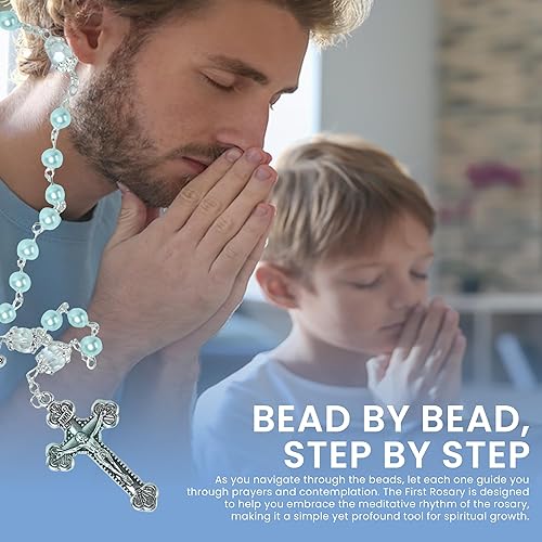 Sweet Treasures Gift – Baptism Gifts for Boys, First Rosary with Ceramic Keepsake Box and Card, Catholic Communion Gift, Christening and Baby Shower Rosary Beads, Blue - Jamouz