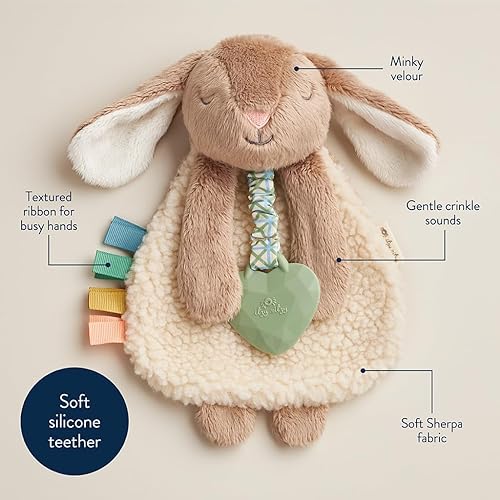 Itzy Ritzy - Itzy Lovey Including Teether - Baby Lovey with Teether, Textured Ribbons & Dangle Arms - Features Crinkle Sound, Sherpa Fabric and Minky Plush (Pink Bunny) - Jamouz