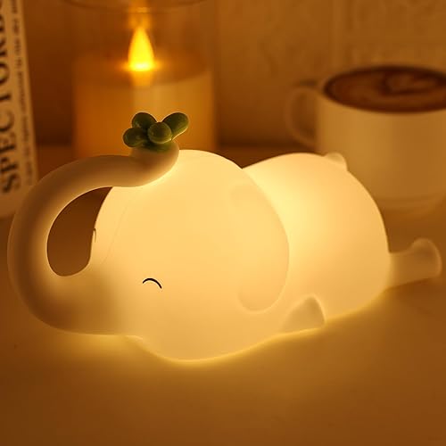 Silicone Elephant Night Light for Kids - 3-Level Dimmable & Rechargeable LED Lamp, Touch Control Soft Animal Light for Nursery, Baby Room Decor - Jamouz