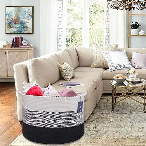 COMSE Extra Large Blanket Basket, Storage Basket, Laundry Basket, 21.7”x 13.8”, Laundry Hamper, Cotton Rope Basket, Blanket Basket Living Room, Toy Basket (White & Cadet Blue & Navy Blue) - Jamouz