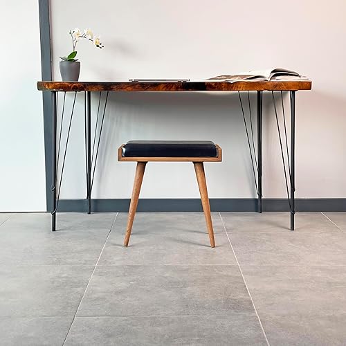 Walnut Ottoman Stool for Living Room | Upholstered in Crowbar Pattern Fabric | Versatile as a Piano Bench | Ideal Bedroom Bench | Functional Footstool Bench - Jamouz