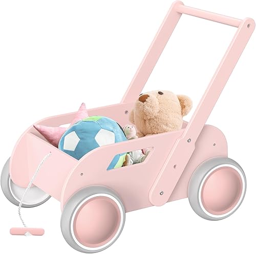 2025 HOMEKOL Wooden Baby Walker,Baby Push Walker, Adjustable Speed Baby Walker for Boys and Girls, Baby Activity Center, Gift for Birthday, Christmas and New Year Nature Pink - Jamouz