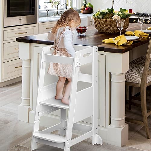 TOETOL Bamboo Toddler Kitchen Step Stool White Helper Standing Tower Height Adjustable with Anti-Slip Protection for Kids Kitchen Counter Learning - Jamouz