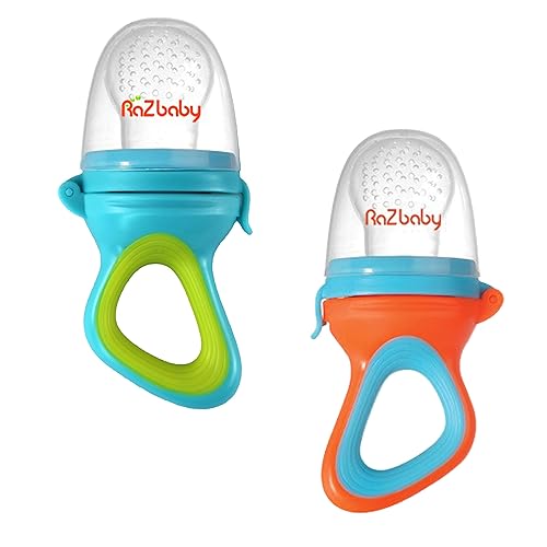 RaZbaby Baby Solids/Frozen Fruit Feeder Pacifier, Infant Teether Toy 6M+, BPA-Free Silicone Pouch & Nipple, Safely Introduce Solids, Teething Relief, Dishwasher Safe, 2-Pack – Orange/Blue + Green/Blue - Jamouz