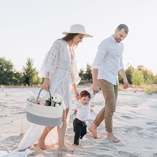 KiddyCare Woven Diaper Caddy Organizer, Large Gray Multi Functional Portable Baby Basket with Handle, Baby Gift for Boy/Girl Nursery Storage, Organization, and Modern Car Diaper Caddy Natural Large - Jamouz