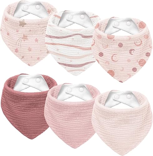 Susurration Muslin Baby Drool Bibs 6Pack Soft Triangular Adjustable Baby Bandana Bibs for Unisex Baby Girls & Boys - Jamouz