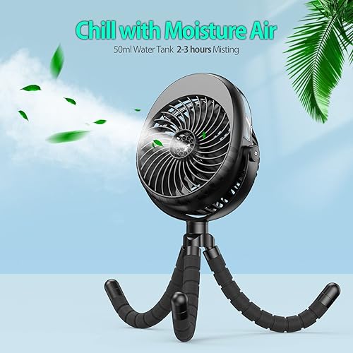 Portable Stroller Fan with Mist, Rechargeable Misting Fan with Flexible Tripods, 360° Pivot Personal Mister for Cooling Outdoor Travel Beach Umbrella Wagon Crib Treadmill Car - Jamouz