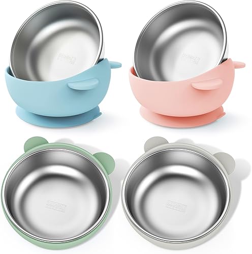 Stainless Steel Baby Bowls with Suction, 2-in-1 SUS304 Toddlers Bowl & Removable Silicone Suction Kids Bowl, Anti Scald Non Toxic Snack Container for Baby Food Feeding, 4 Colors Set - Jamouz