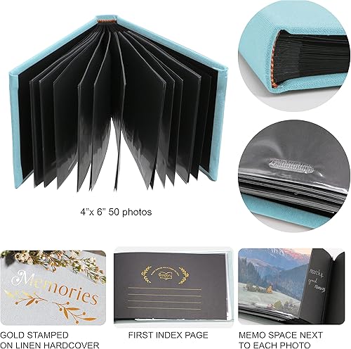 Holoary Small 4x6 Photo Album, Linen Hard Cover, Holds 50 Photos, Black Page Traditional Book Bound, Mini Brag Book Baby Album, Ideal For Wedding, Family Pictures, Gifts, Anniversary (Sky blue) - Jamouz