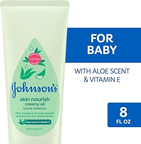 Johnson's Skin Nourish Creamy Oil, Aloe Scent & Vitamin E, Creamy Oil Helps Prevent Dryness & Moisturizes Baby's Delicate Skin for 24 Hours, Hypoallergenic & Non-Greasy, 8 fl. oz - Jamouz