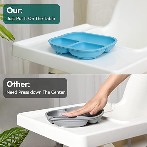 BABELIO Powerful Suction Plates for Baby and Toddler, 100% Food Grand Silicone, Divided, BPA Free, Microwave & Dishwasher Safe, Stay Put, 3 Pack - Jamouz