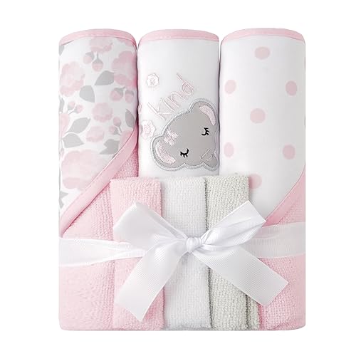 Viviland Baby Towels and Washcloths, Soft Absorbent Pink Baby Bath Towel Set, Elephant Hooded Towels with 5 Infant Face Washcloths (6 Pieces) - Jamouz