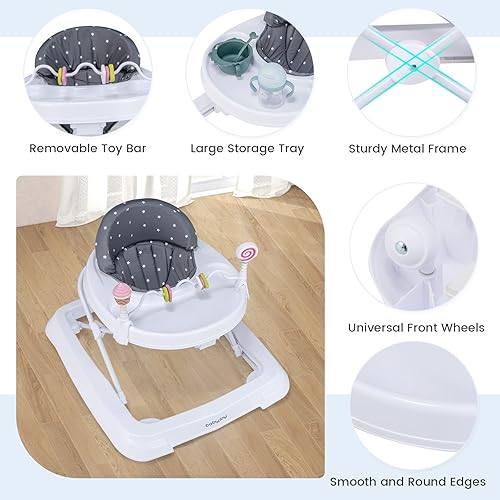 BABY JOY Baby Walker, Foldable Activity Walker Helper with Adjustable Height, Baby Activity Walker with High Back Padded Seat & Bear Toys (Gray, Star Pattern) - Jamouz