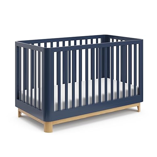 Storkcraft Santos 3-in-1 Convertible Crib (White with Natural) – GREENGUARD Gold Certified, Fits Standard Crib Mattress, Converts to Toddler Bed, Modern Style, Rounded Designer Details - Jamouz