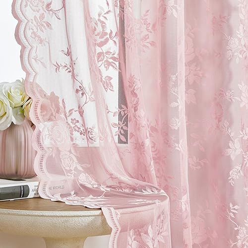 Baby Pink Lace Curtains 45 Inch Length 2 Panels set Romantic Flower Sheer Curtains for Cafe Kitchen Decor Rod Pocket Light Filtering Short Lace Curtains for Closet Kids Girls Room Small Window, 52x45 - Jamouz