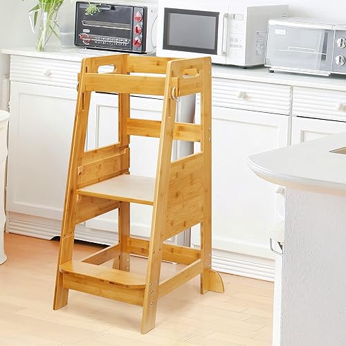 TOETOL Bamboo Toddler Kitchen Step Stool White Helper Standing Tower Height Adjustable with Anti-Slip Protection for Kids Kitchen Counter Learning - Jamouz