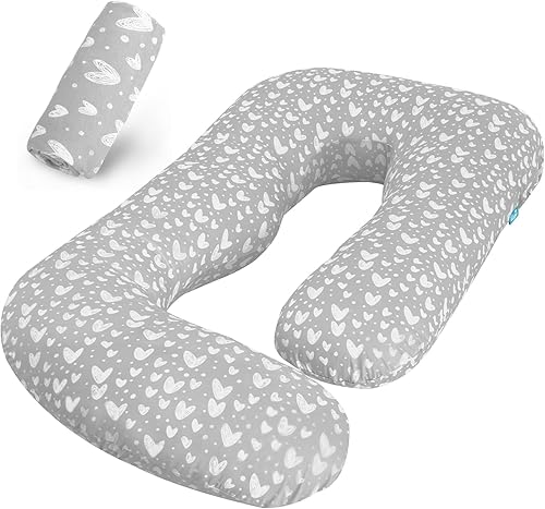 Pregnancy Pillow Cover U-Shaped, Super Soft Replacement Cover Fits Most 55/57 Inch Maternity Pillow, Full Body Pregnancy Pillow Case, Universal Fit, Grey Hearts Print - Jamouz