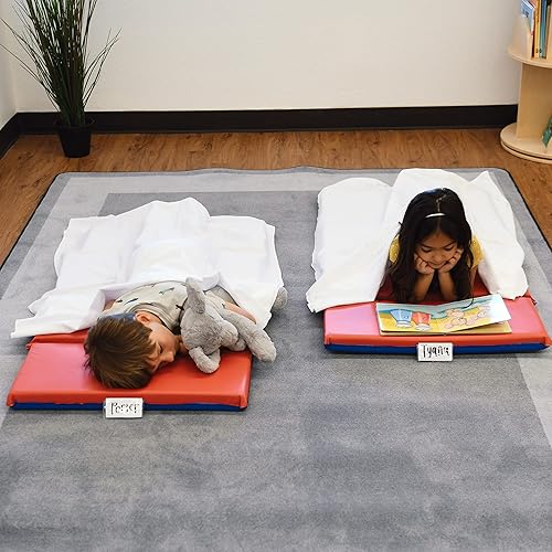 ECR4Kids Premium Folding Rest Mat, 3-Section, 2in, Sleeping Pad, Blue/Red, 5-Pack - Jamouz