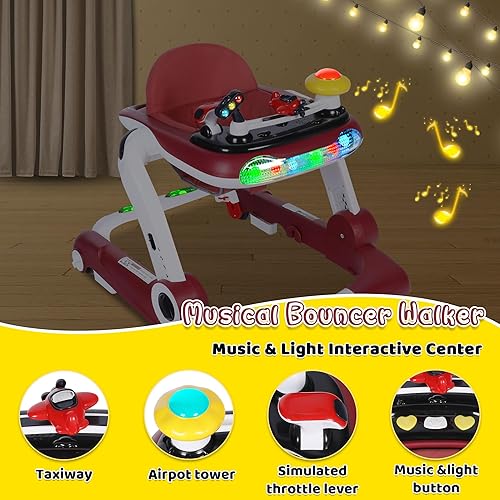 6 in 1 Baby Walker, Baby Activity Center for Toddler, Walker Rocker Bouncer w/Adjustable Height Speed, Learning-Seated & Walk-Behind, Infant Walker w/Feeding Tray & Music Toys, Red - Jamouz