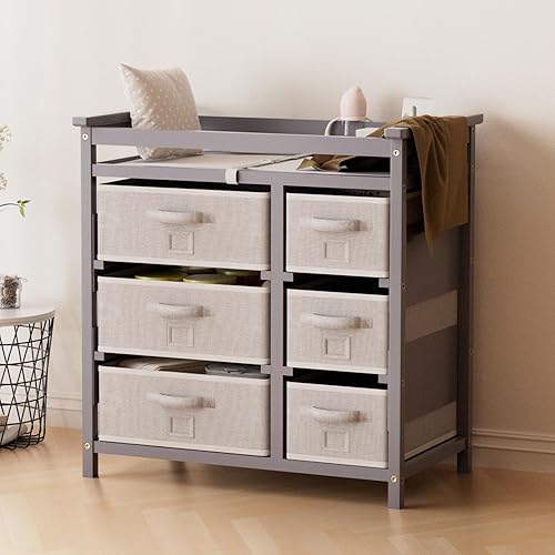YUFU Changing Table, Nursery Dresser with 6 Storage Drawers, Safety Rails & Strap, Baby Diaper Changing Station, Gray - Jamouz