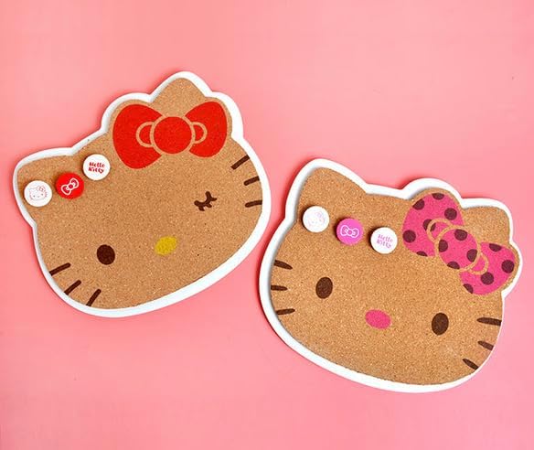 Kitty's Mini Cork Memo Board - Hangable - with Hello Kitty Printed Push Pins (Polka Dotted Bow) - Jamouz