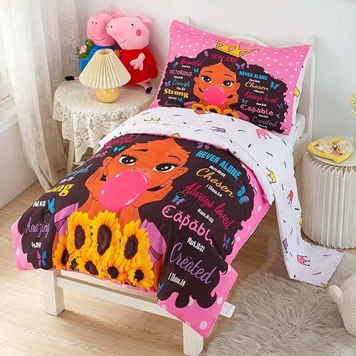 4 Piece Toddler Bedding Set for Girls,Toddler Black Girl Magic Comforter Set,Black Princess Toddler Bed Comforter Set Includes Comforter, Flat Sheet,Fitted Sheet,Pillowcase - Jamouz