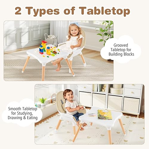 BABY JOY 5 in 1 High Chair, Convertible High Chairs for Babies and Toddlers/Booster Seat/Table and Chair Set, Infant Wooden Highchair w/ 5-Point Harness, 4-Position Removable Tray & PU Cushion, Coffee - Jamouz