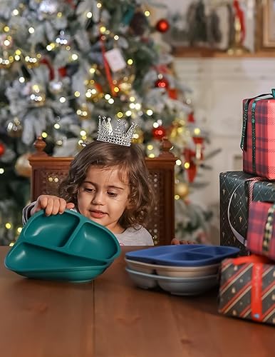 BABELIO Powerful Suction Plates for Baby and Toddler, 100% Food Grand Silicone, Divided, BPA Free, Microwave & Dishwasher Safe, Stay Put, 3 Pack - Jamouz