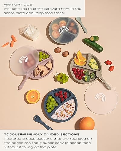 Hippypotamus Toddler Plates with Suction - 100% Food-Grade Silicone Baby Plates - Microwave & Dishwasher Safe - BPA Free - Set of 3 (Sage/Blush/Nude) - Jamouz