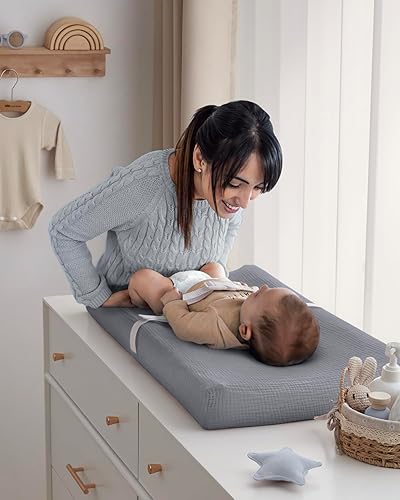 Blissful Diary Muslin Changing Pad Cover for Girls Boys, Ultra Soft Breathable Cotton, Baby Diaper Change Table Pad Covers, 2Pack (Roman Green&Leaf) - Jamouz