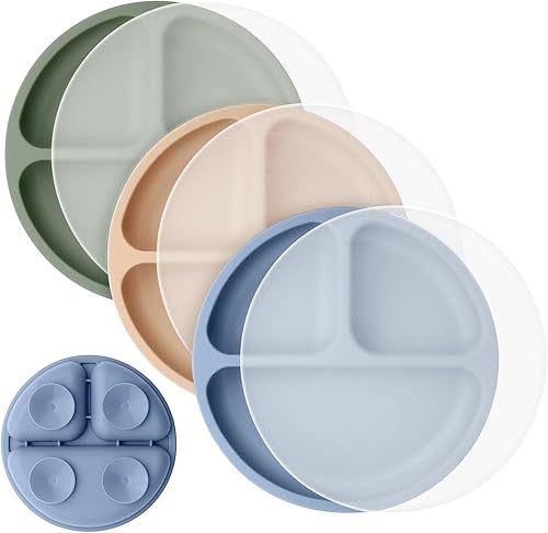 Cutebe 3 Pack Suction Plates for Baby Food Grade Silicone Baby Plates with Suction Microwave & Dishwasher Safe Toddler Plates Divided Design & Raised Edges Toddler Dishes for Feeding - Jamouz