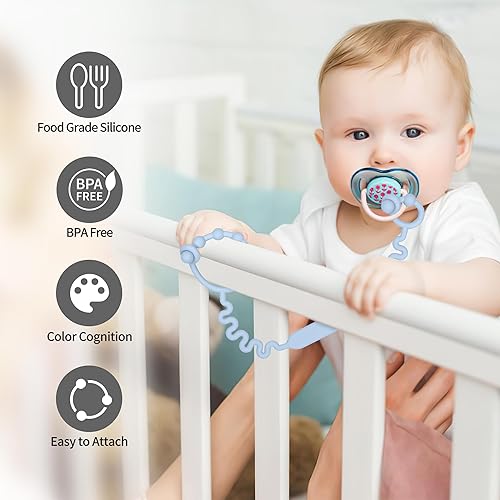 Toy Straps, Pacifier Holder Clip with Self-Adjusting Bayonet, Pure Silicone Material Without BPA; Can Be Used for Teethers, Feeding Bottles, Toys, Baby Cribs, High Chairs(Blue-3ps) - Jamouz
