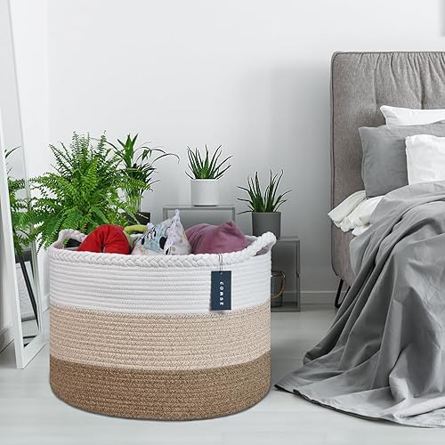 COMSE Extra Large Blanket Basket, Storage Basket, Laundry Basket, 21.7”x 13.8”, Laundry Hamper, Cotton Rope Basket, Blanket Basket Living Room, Toy Basket (White & Cadet Blue & Navy Blue) - Jamouz