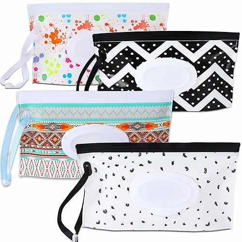FEBSNOW 4 Pack Baby Wipe Dispenser, Portable Refillable Wipe Holder, Baby Wipes Container, Wipe Dispenser, Reusable Travel Wet Wipe Pouch (Geometric) - Jamouz