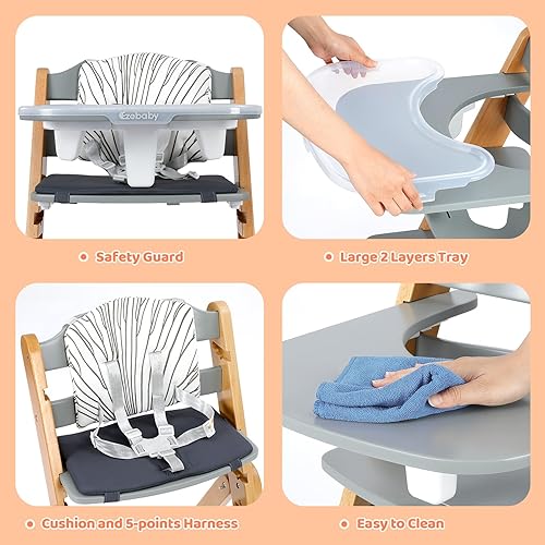 Ezebaby Wooden High Chair Grow with Your Child, Foldable Baby High Chair with Adjustable Seat and Footrest Heights, High Chair for Babies and Toddlers with Cushion and Large Double Layer Tray(White) - Jamouz
