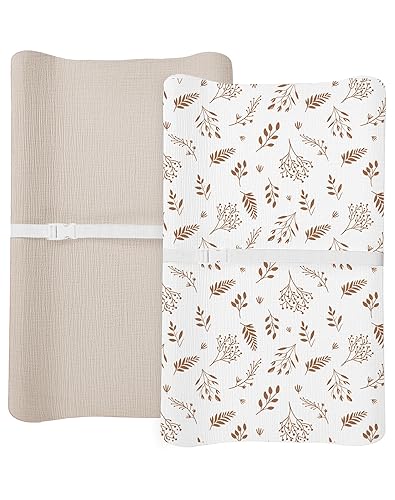 Changing Pad Cover for Baby Boy Girl 2 Pack, Muslin Changing Table Pad Covers with Boho Style, Neutral Nursery Bedding Essentials Soft and Breathable(Dusty Rose & Flower-A) - Jamouz